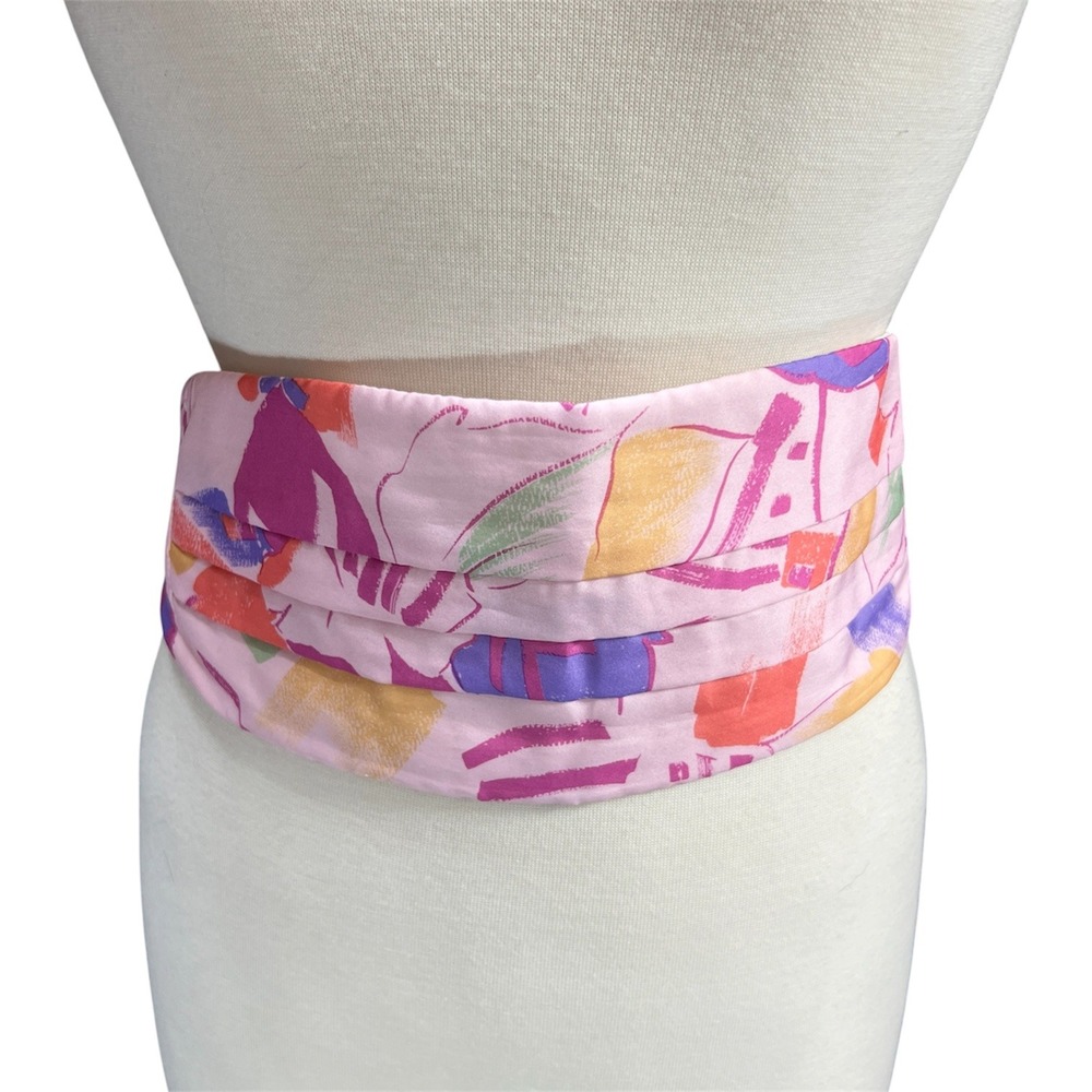 VTG 80s Abstract Floral Statement Waist Belt Cummerbund Pink Pastel USA OS Funky